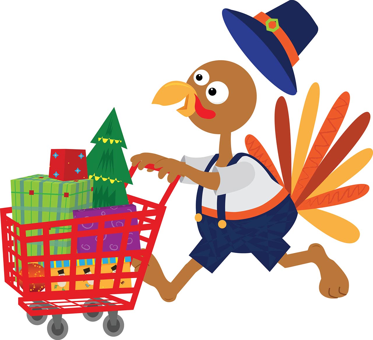 Photo of a turkey wearing pilgrim clothes is pushing a shopping cart full of presents