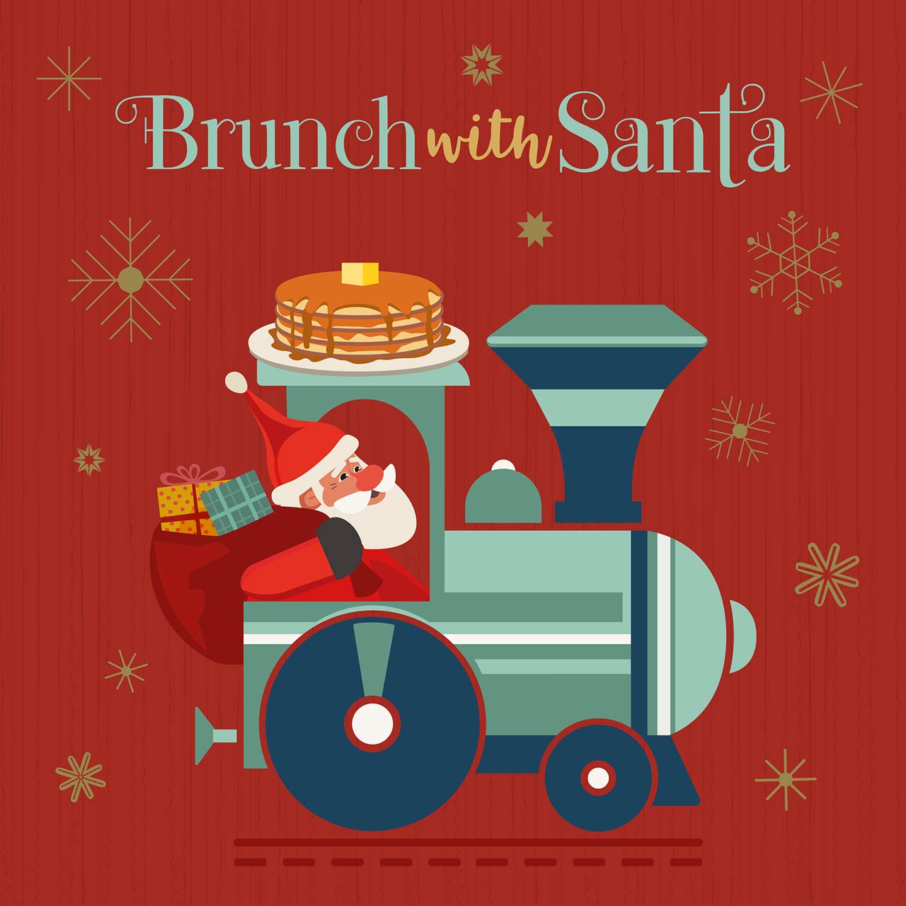 Image of cute Santa deliver pancakes in retro train cartoon