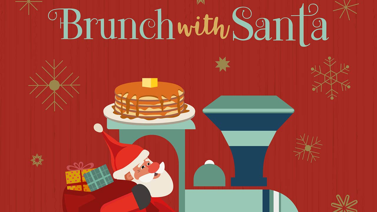 Image of cute Santa deliver pancakes in retro train cartoon