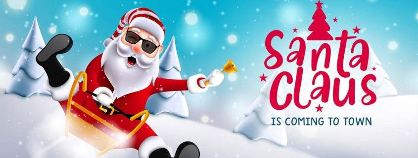 Image of Santa Claus is coming to town text with christmas character sliding and riding sleigh in snow for xmas season celebration