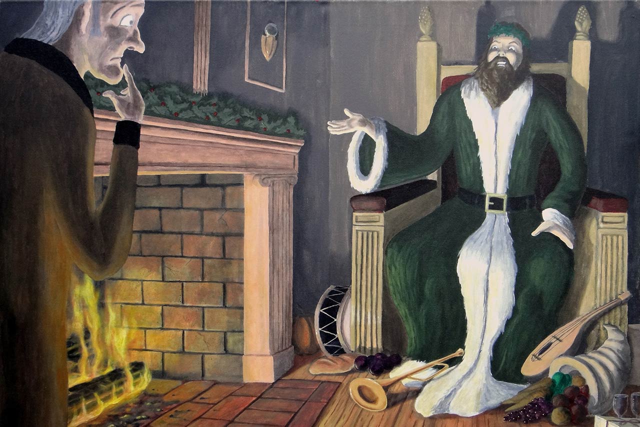 Image of the Scrooge meets the Ghost of Christmas Present on his throne surrounded by gifts and food.