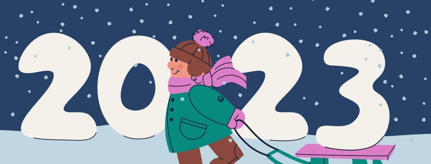 Illustration of a happy child is carrying 2023 on a sled