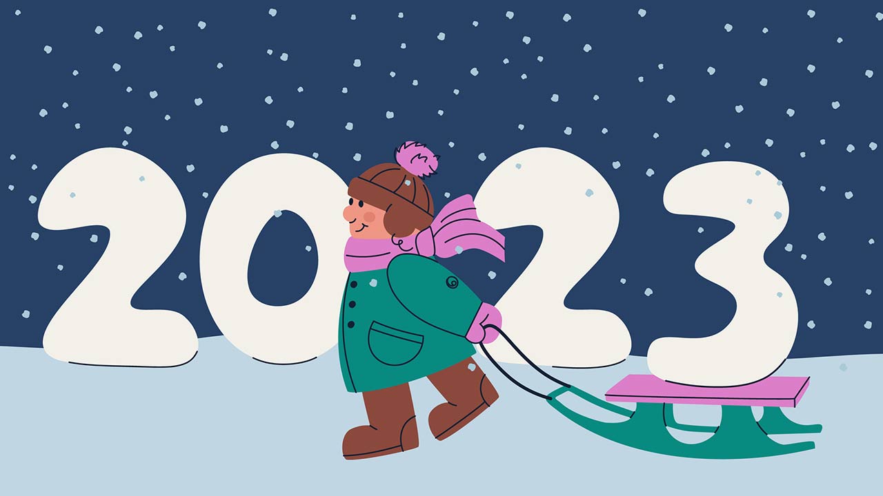 Illustration of a happy child is carrying 2023 on a sled