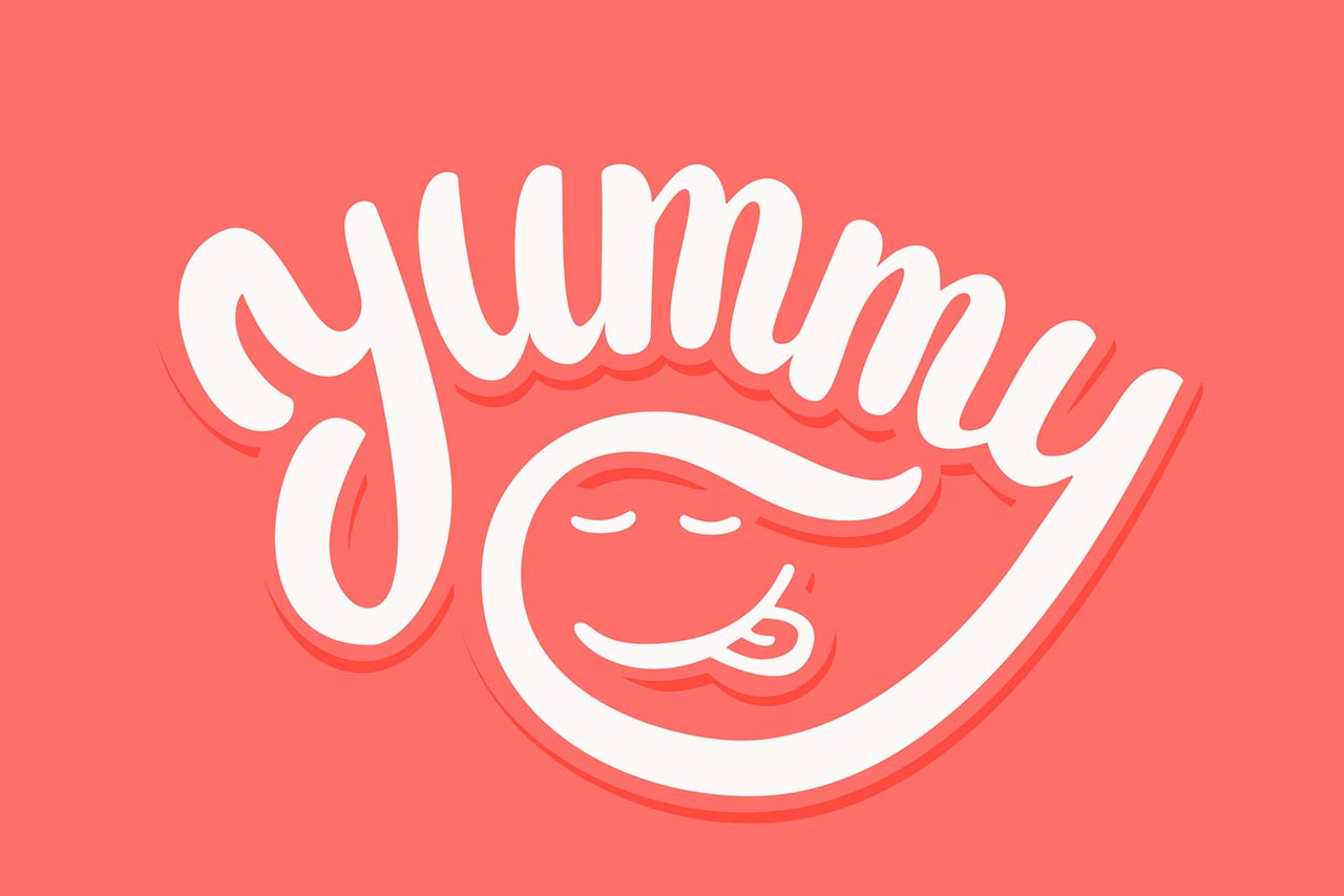 Yummy word. Vector hand drawn lettering illustration.