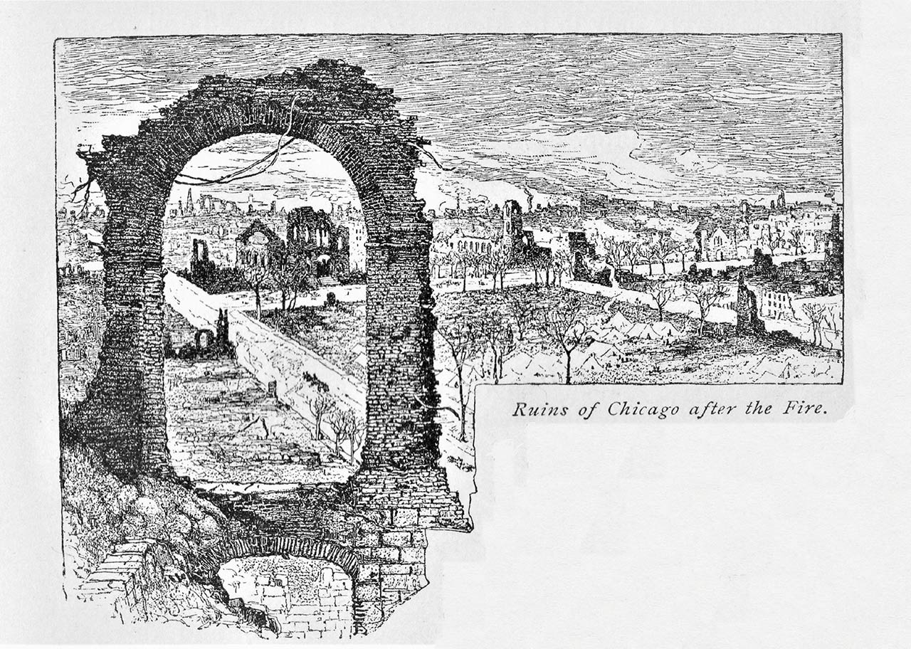 Illustration of the ruins of Chicago, Illinois, after devastated by fire in 1871