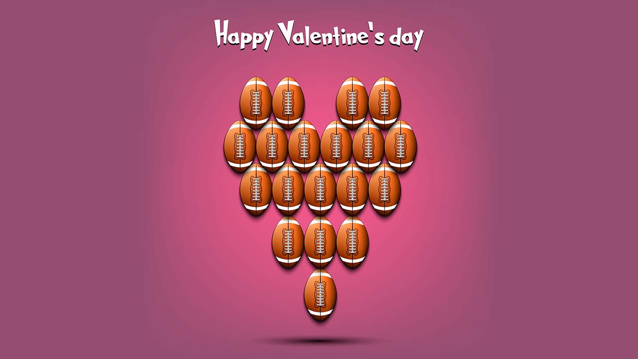 Happy Valentine's Day image with a heart made of footballs