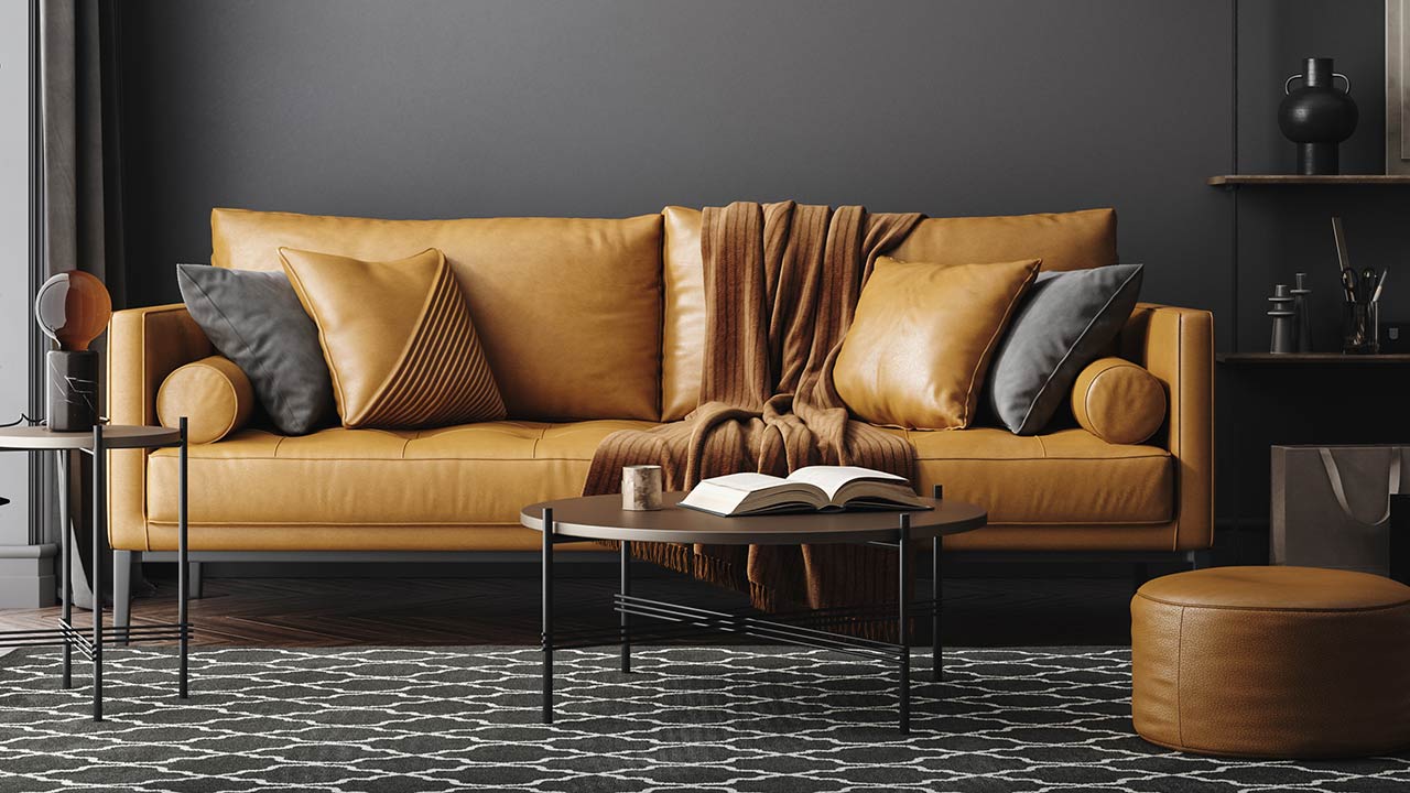 Black living room interior with leather sofa, minimalist industrial style