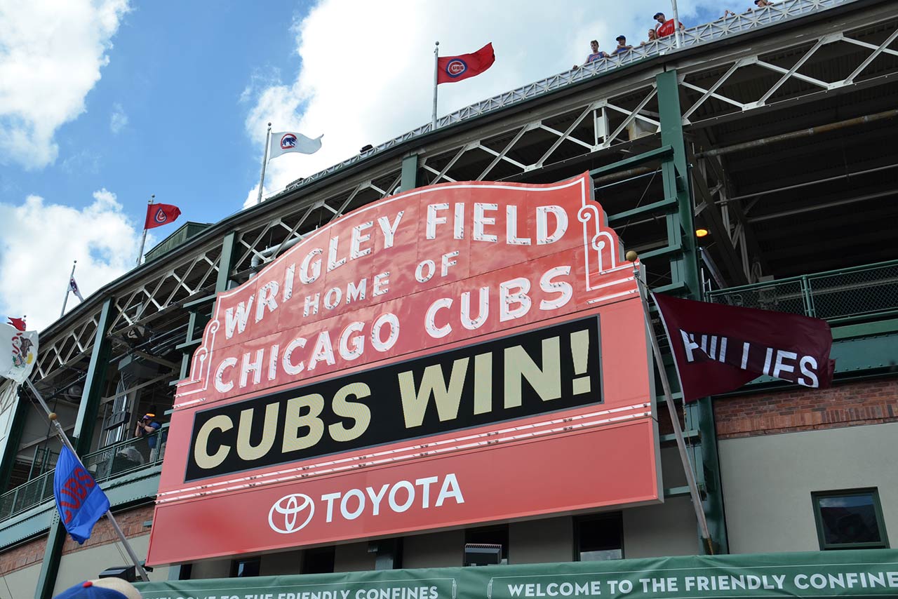 Sign on Wrigley Field, home of the Chicago Cubs, is shown here on May 29, 2016 after their7-2 win against the Philadelphia Phillies