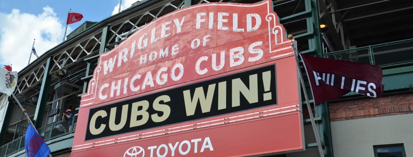 Sign on Wrigley Field, home of the Chicago Cubs, is shown here on May 29, 2016 after their7-2 win against the Philadelphia Phillies
