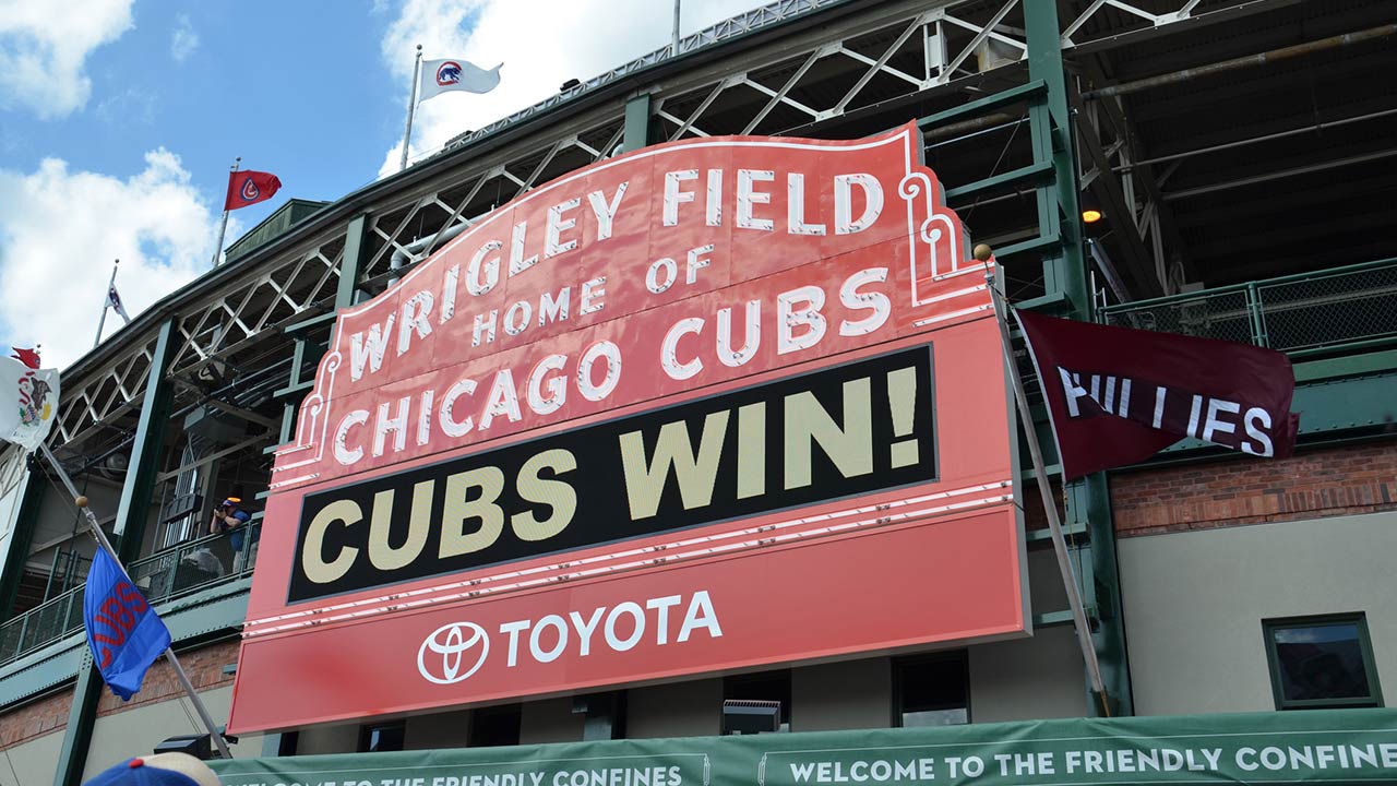 Sign on Wrigley Field, home of the Chicago Cubs, is shown here on May 29, 2016 after their7-2 win against the Philadelphia Phillies