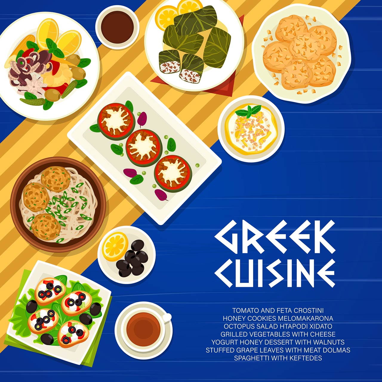 Greek cuisine vector menu cover.