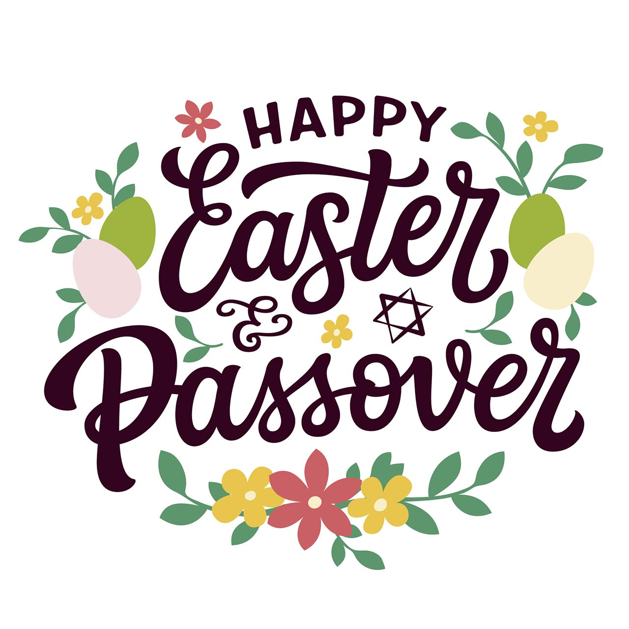 Happy Easter and Passover. Hand lettering text with flat eggs, flowers and leaves on white background.