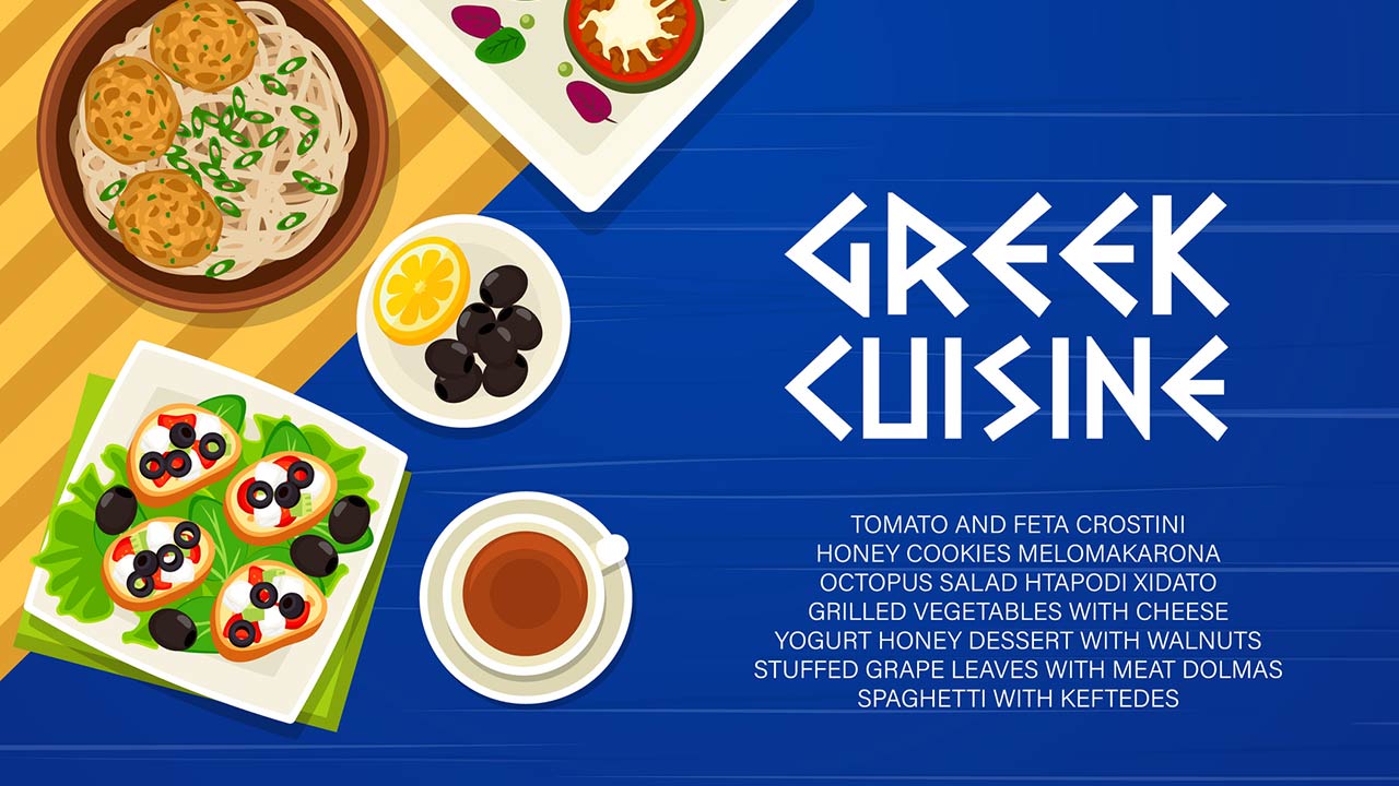 Greek cuisine vector menu cover.