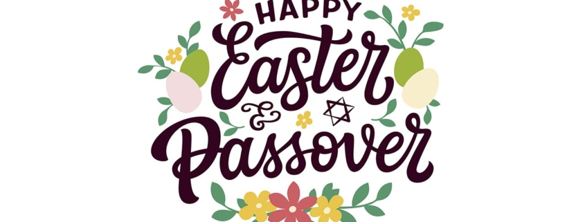 Happy Easter and Passover. Hand lettering text with flat eggs, flowers and leaves on white background.