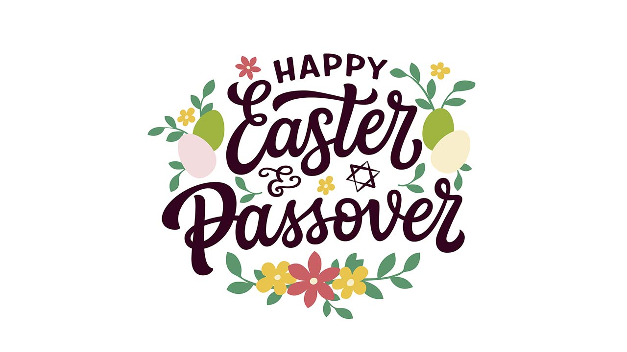 Happy Easter and Passover. Hand lettering text with flat eggs, flowers and leaves on white background.