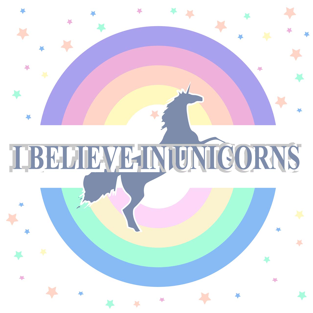 Round rainbow silhouette of unicorn and slogan in white frame on with stars