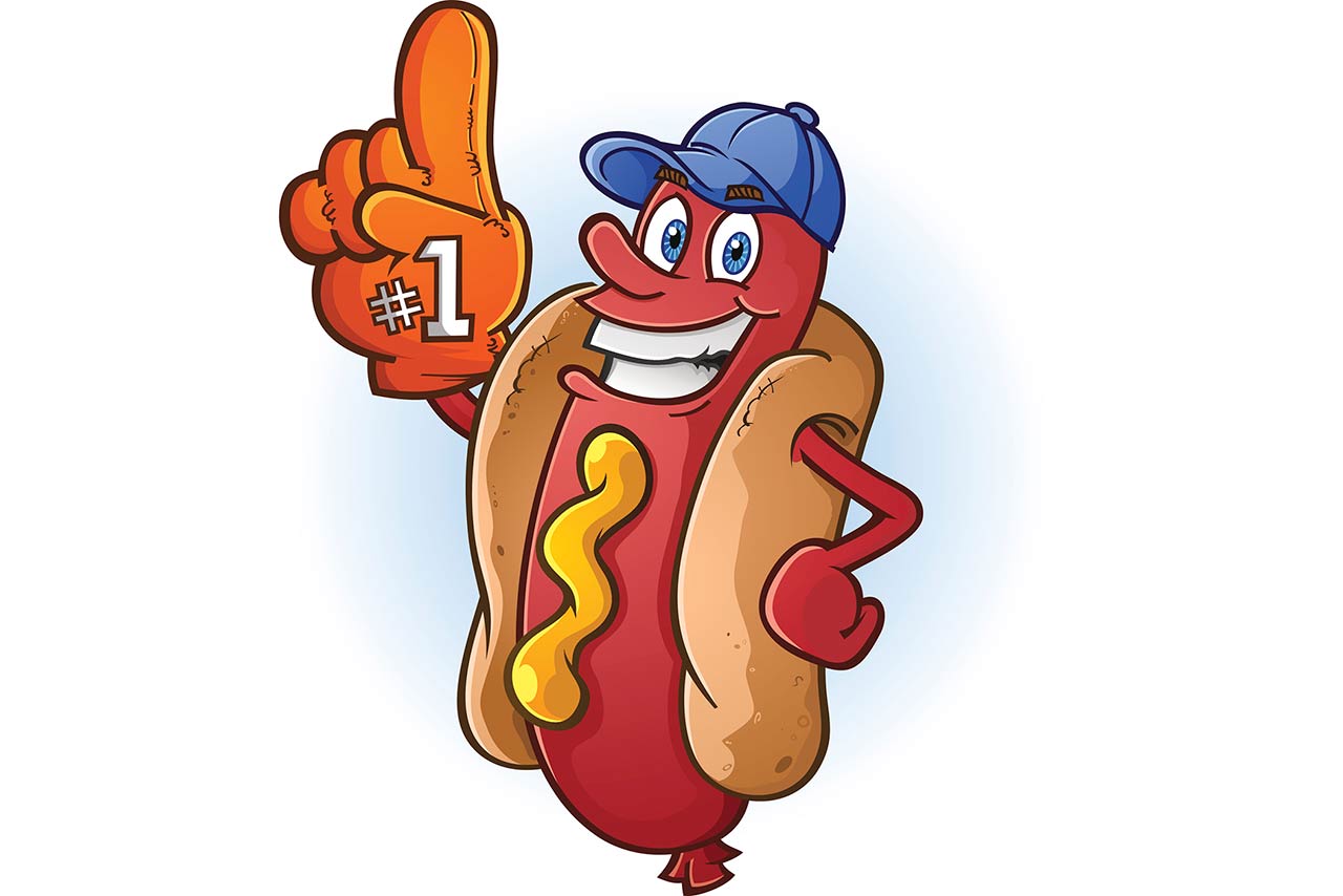A hot dog sports fan with a big orange foam finger