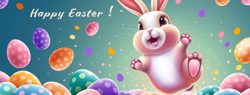 Happy Easter greeting banner or card with fun bunny, jumping up above pile of many colored Easter eggs