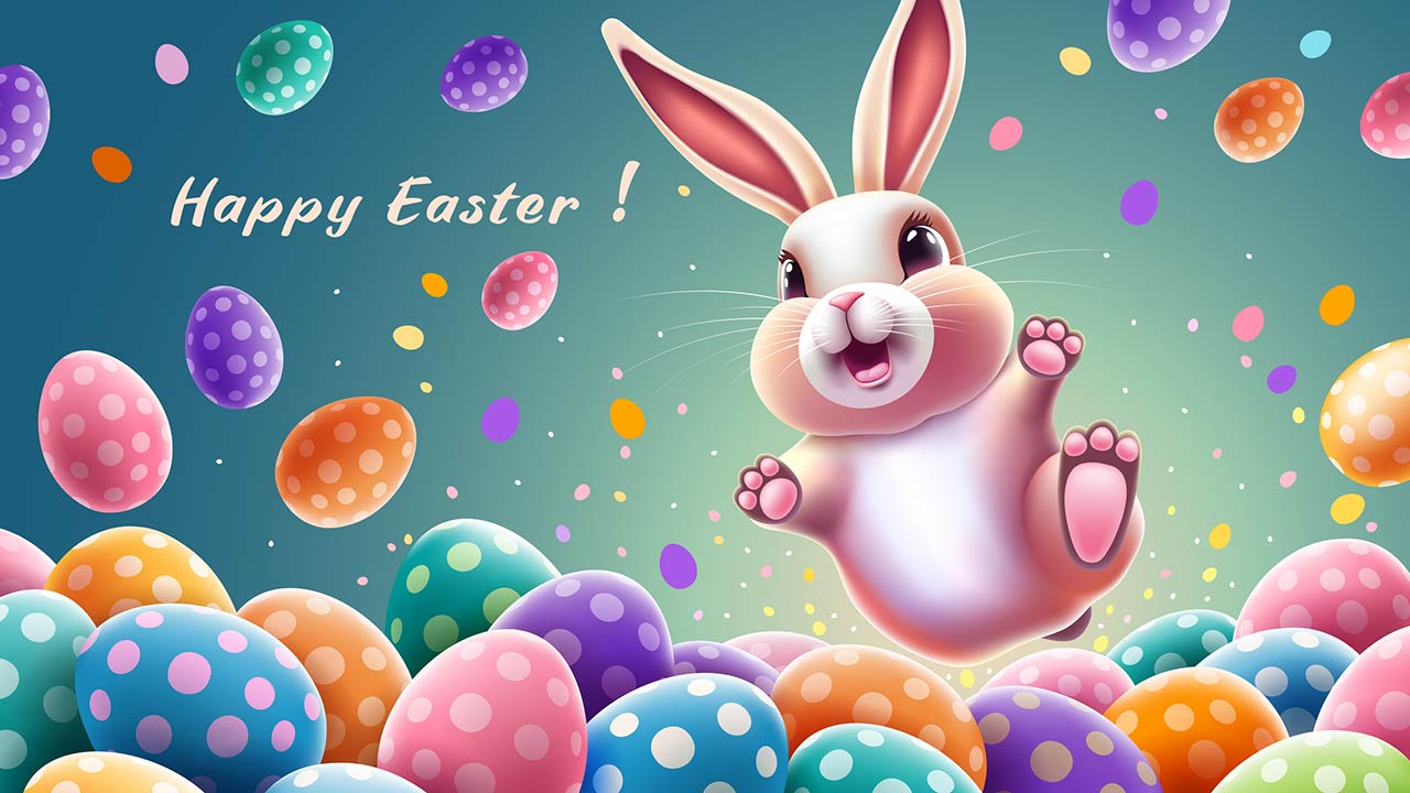 Happy Easter greeting banner or card with fun bunny, jumping up above pile of many colored Easter eggs