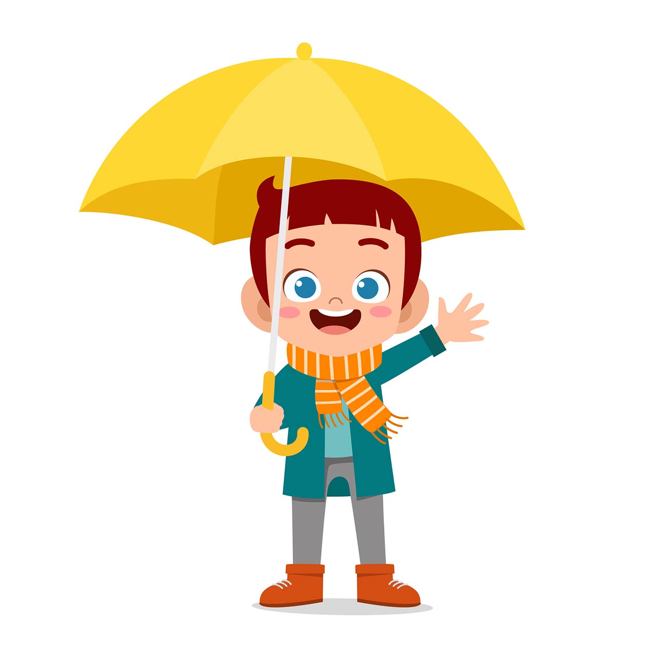 Illustration of a happy cute kid use umbrella rain day