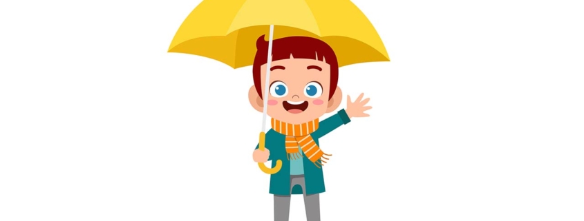 Illustration of a happy cute kid use umbrella rain day