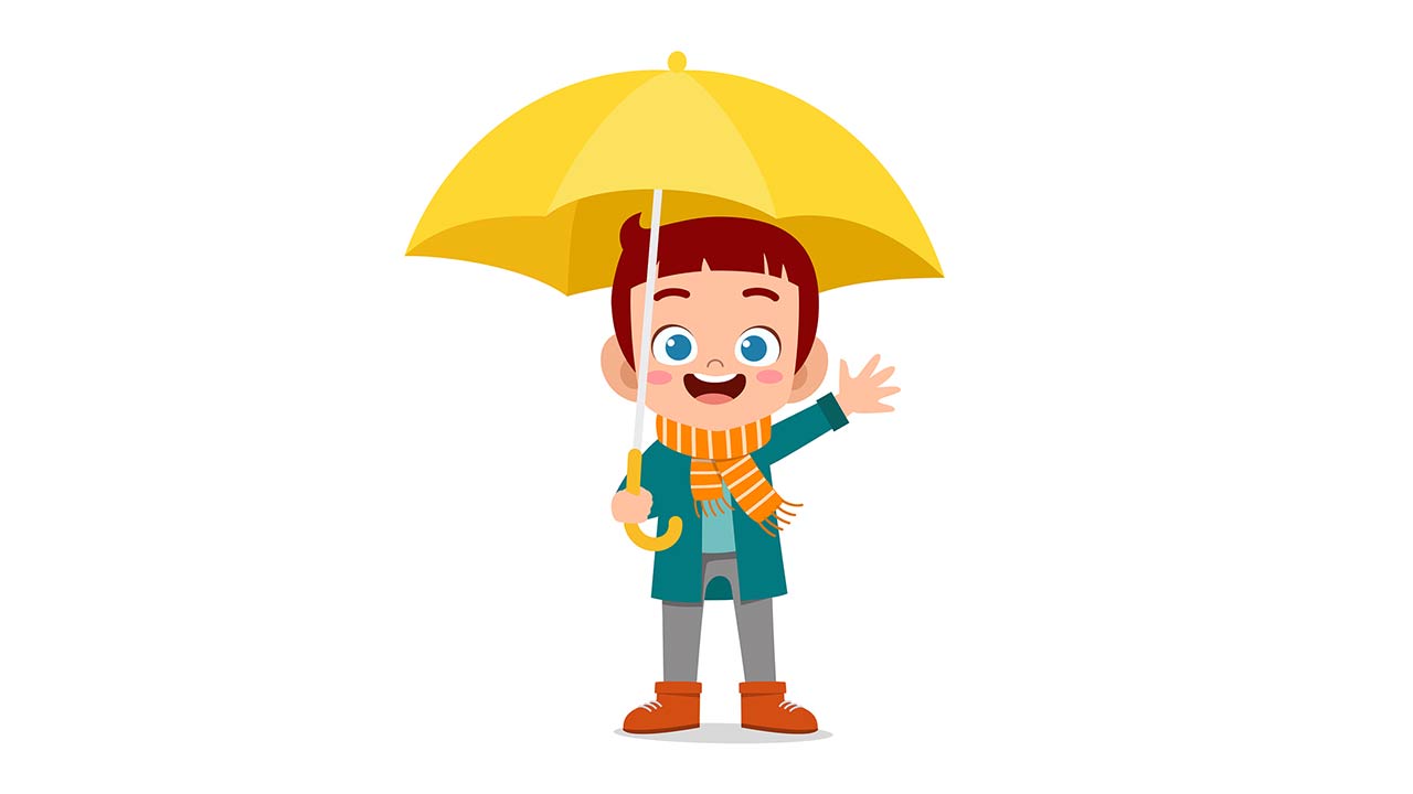 Illustration of a happy cute kid use umbrella rain day