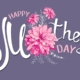 Inscription Happy Mothers Day with decorative pink flowers, floral hand drawn elements on a dark-violet background