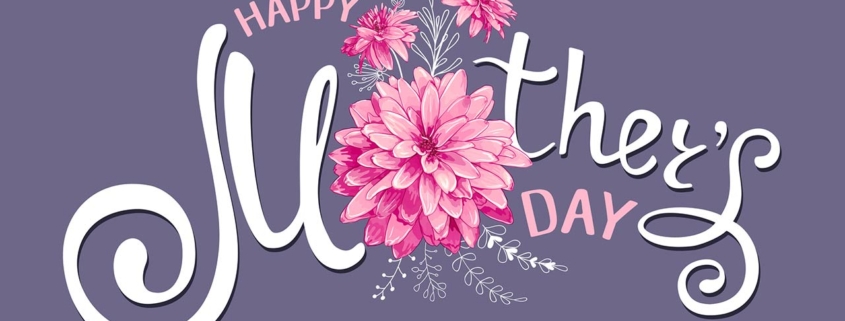 Inscription Happy Mothers Day with decorative pink flowers, floral hand drawn elements on a dark-violet background