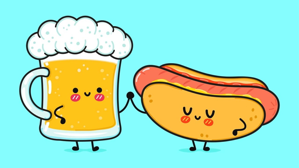 Cute, funny happy glass of beer and hot dog