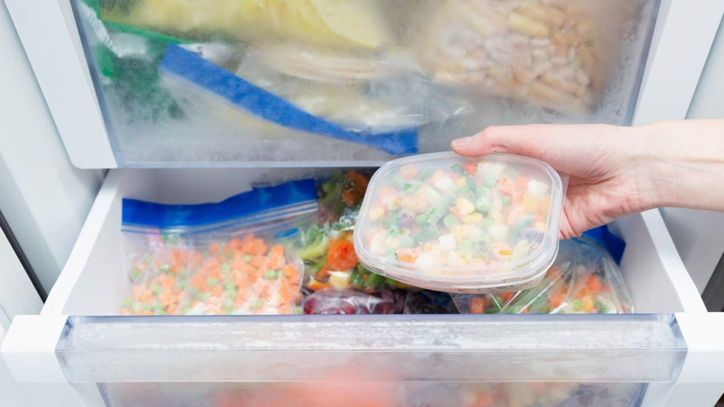 Frozen vegetables in a plastic bag. Healthy food storage concept.