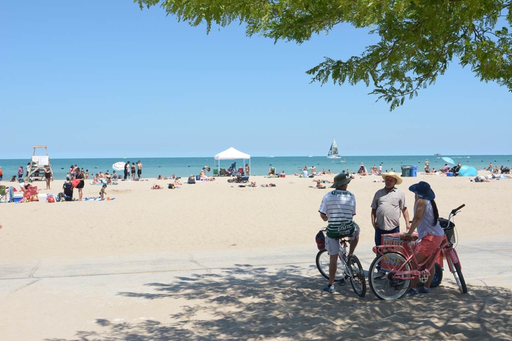 Beach goers at North Avenue Beach in Chicago, Illinois