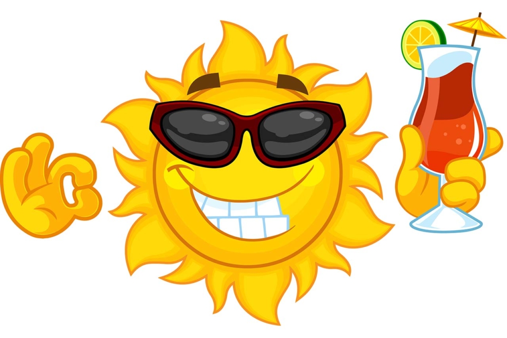 Smiling Sun Cartoon Character With Sunglasses And Summer Cocktail