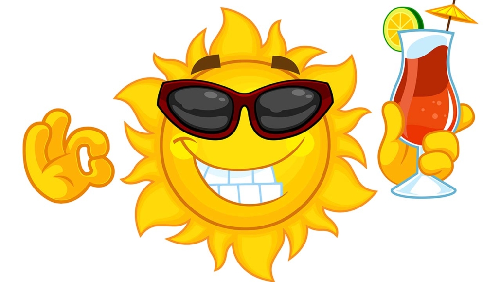 Smiling Sun Cartoon Character With Sunglasses And Summer Cocktail