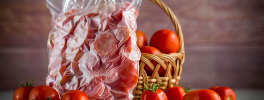Frozen tomatoes in a vacuum bag on a wooden table