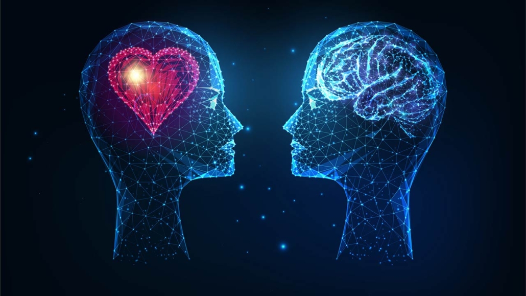 Futuristic emotional and intellectual intelligence concept with glowing low polygonal human heads with heart and brain isolated