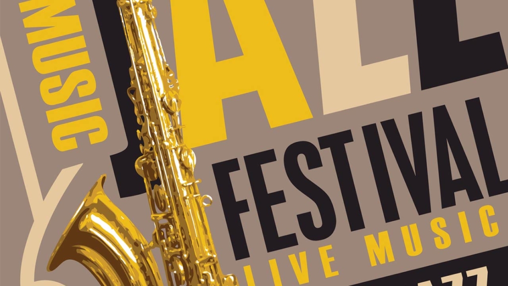 Vector poster for jazz music festival and live music concert with golden saxophone and inscriptions