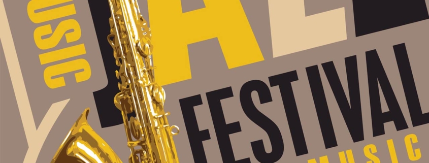 Vector poster for jazz music festival and live music concert with golden saxophone and inscriptions