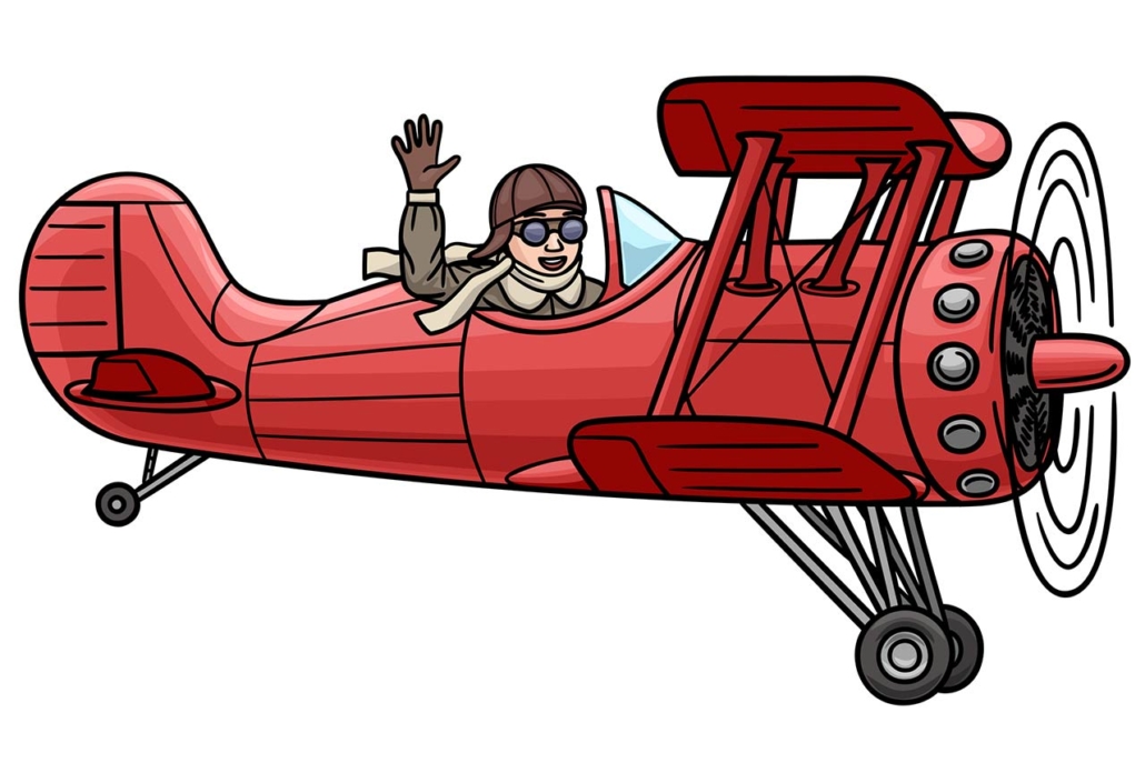 Cartoon vintage airplane in the air. The pilot joyfully waves his hand.