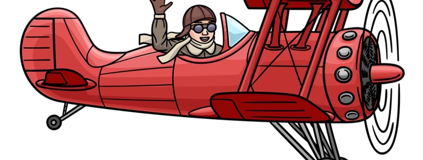 Cartoon vintage airplane in the air. The pilot joyfully waves his hand.