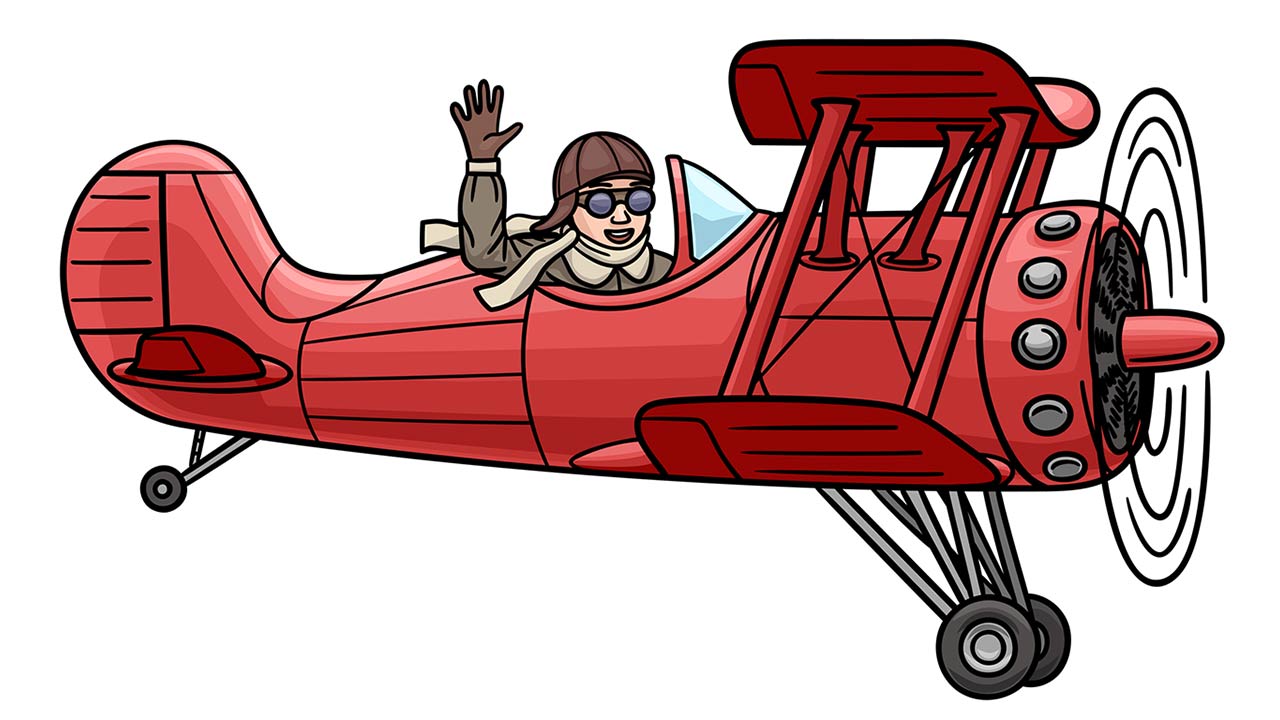 Cartoon vintage airplane in the air. The pilot joyfully waves his hand.