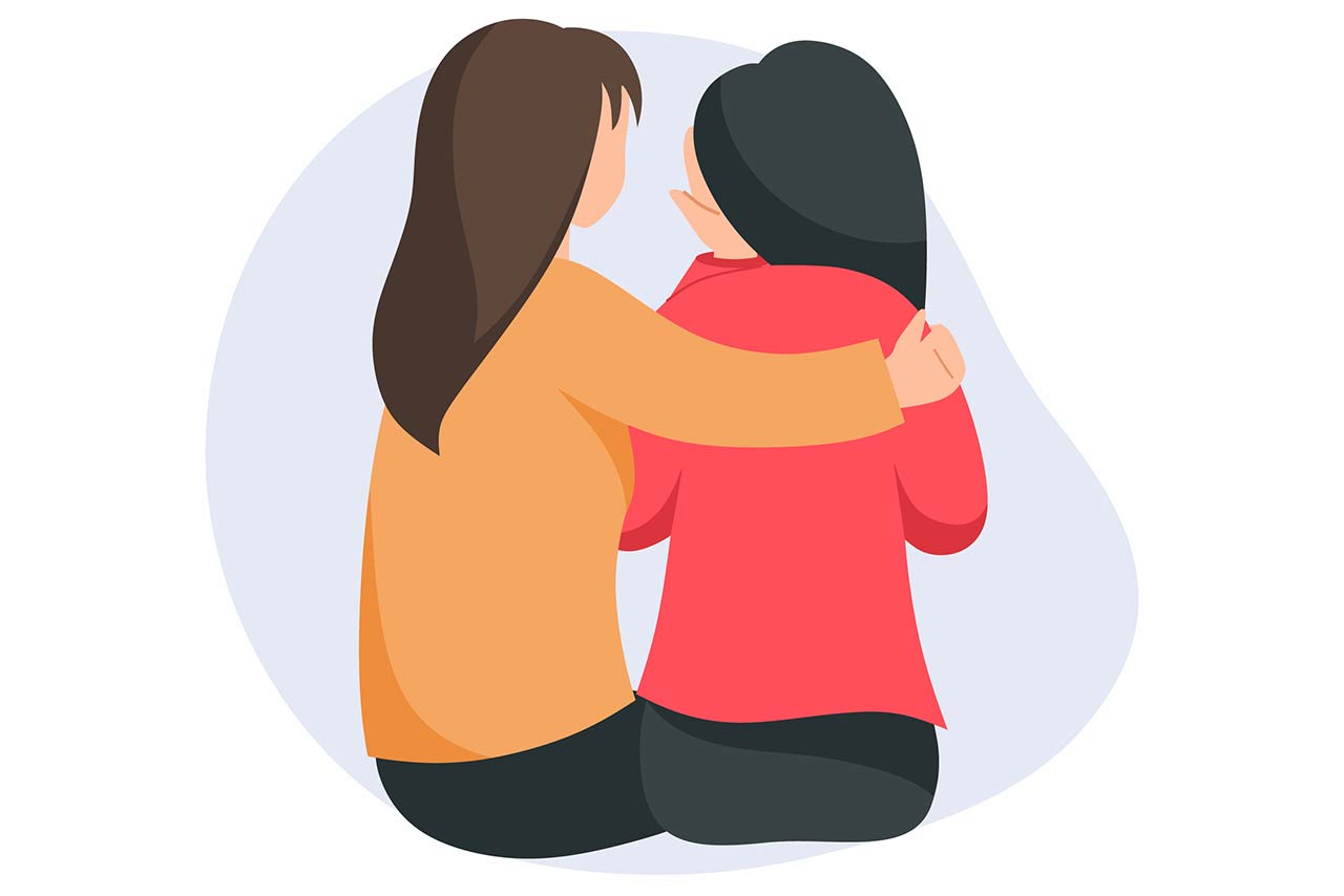 Woman comforts her friend who has covered her face with her hands and is crying