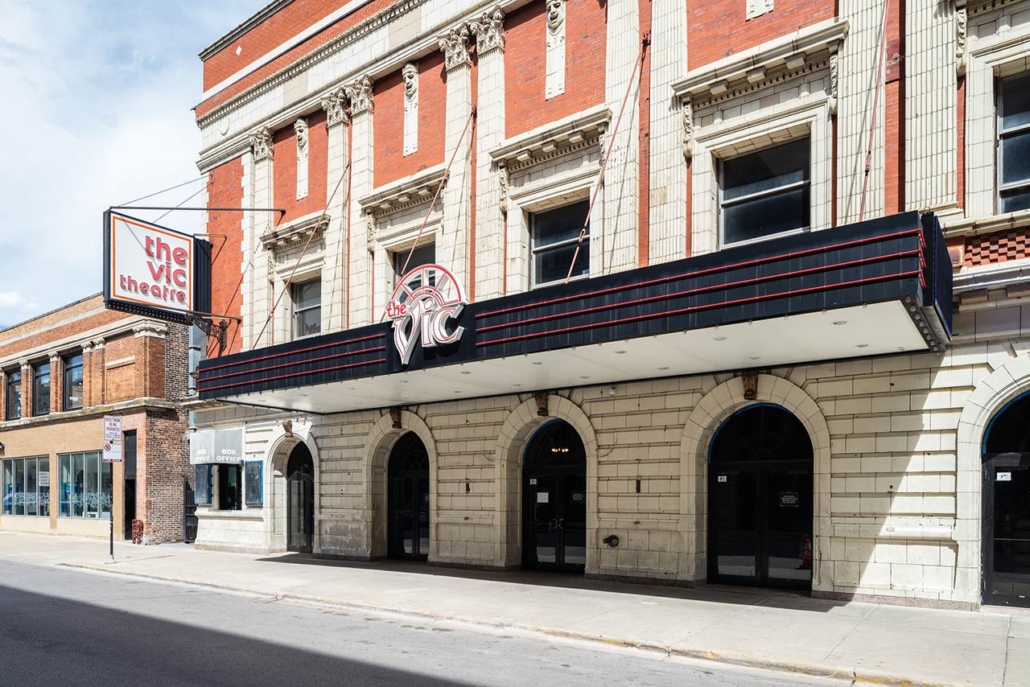 Photo of the front of the Vic Theatre in Chicago, IL