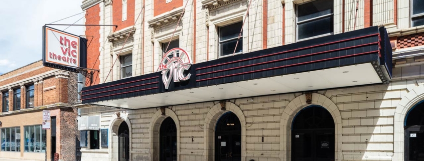 Photo of the front of the Vic Theatre in Chicago, IL
