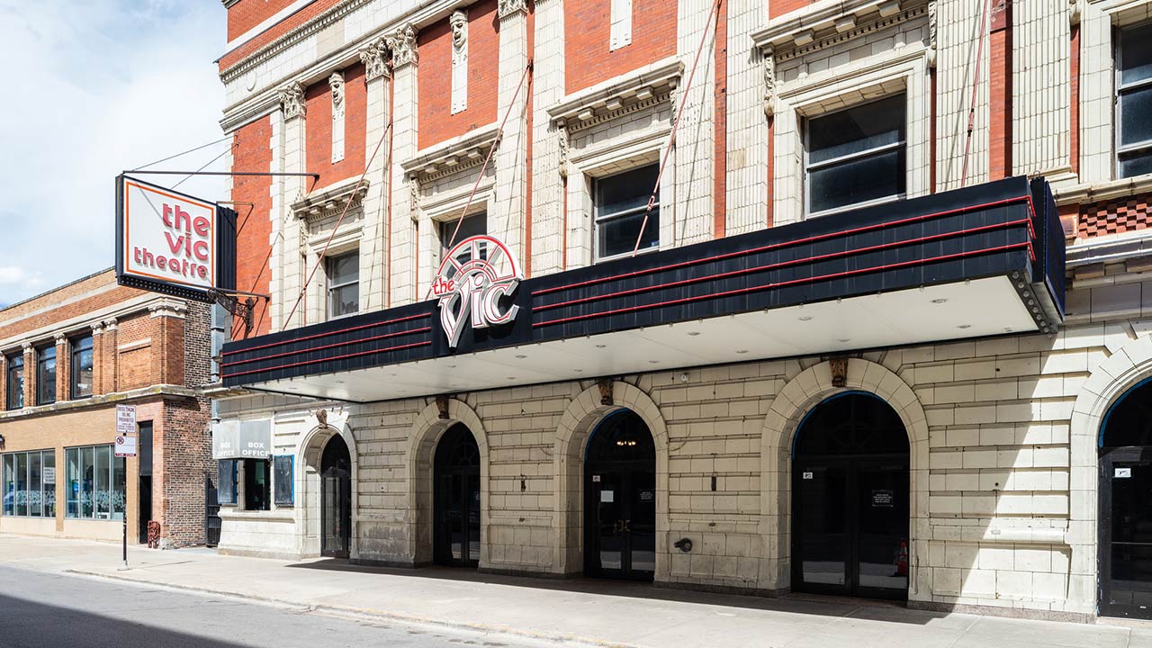 Photo of the front of the Vic Theatre in Chicago, IL
