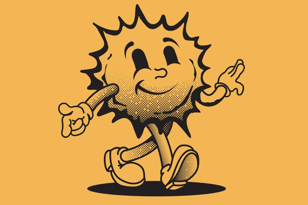 Retro styled smiled funny sun cartoon character on walk