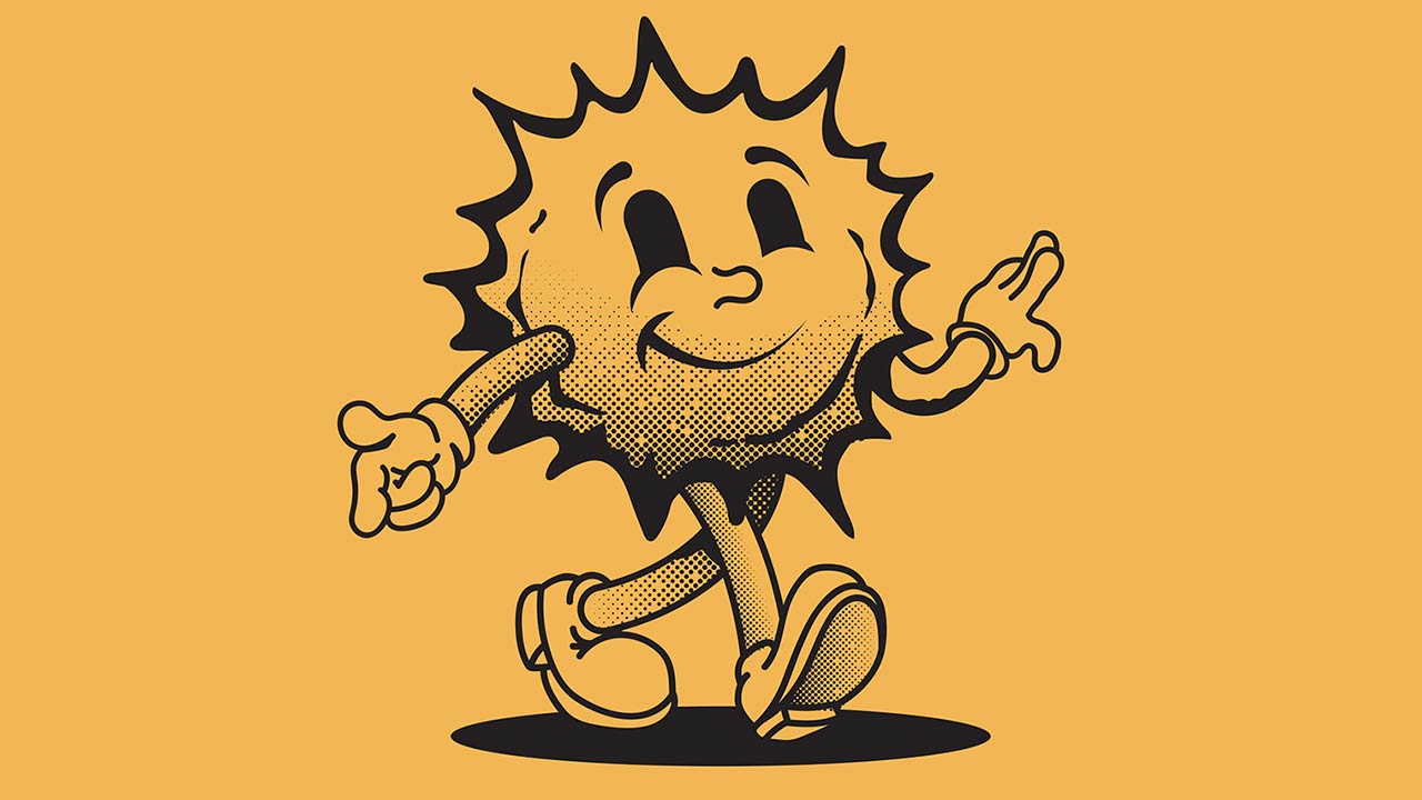 Retro styled smiled funny sun cartoon character on walk
