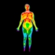 Thermographic image of front of whole body of a woman with photo showing different temperatures in a range of colors
