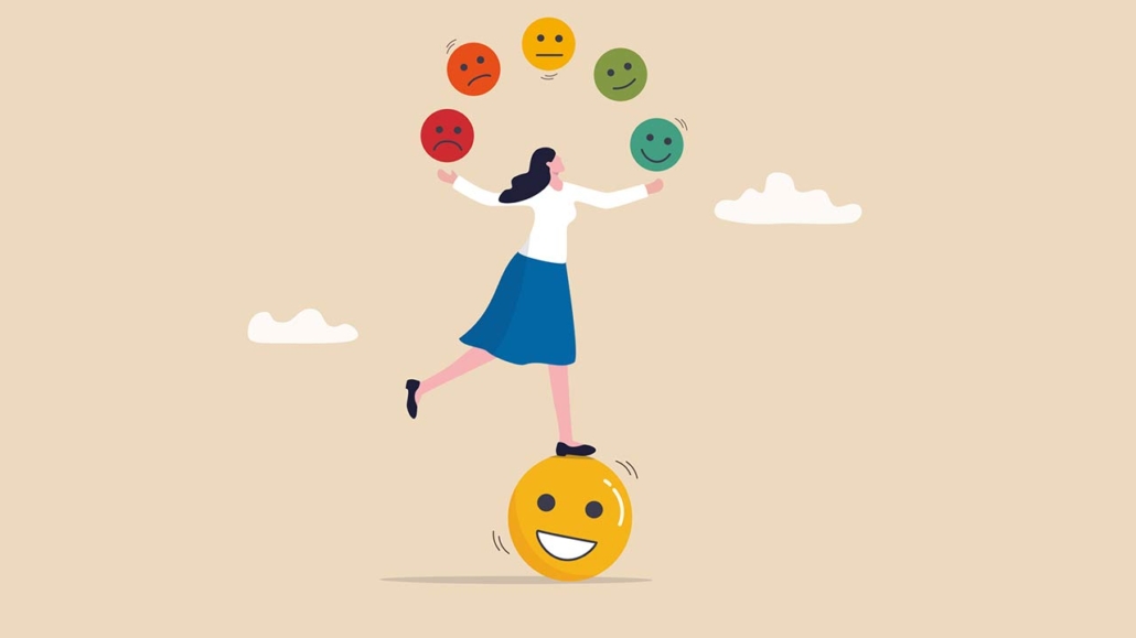 Graphic of a cheerful woman balancing on a smiling face while juggling emotional faces