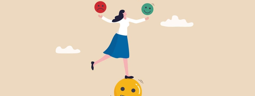 Graphic of a cheerful woman balancing on a smiling face while juggling emotional faces