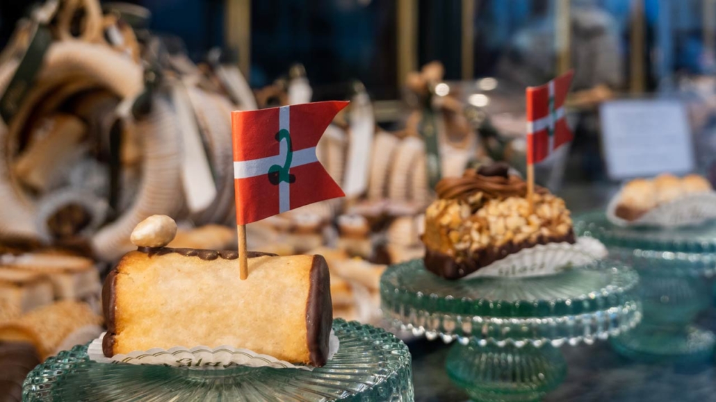 A window of a patisserie with Danish baked goods